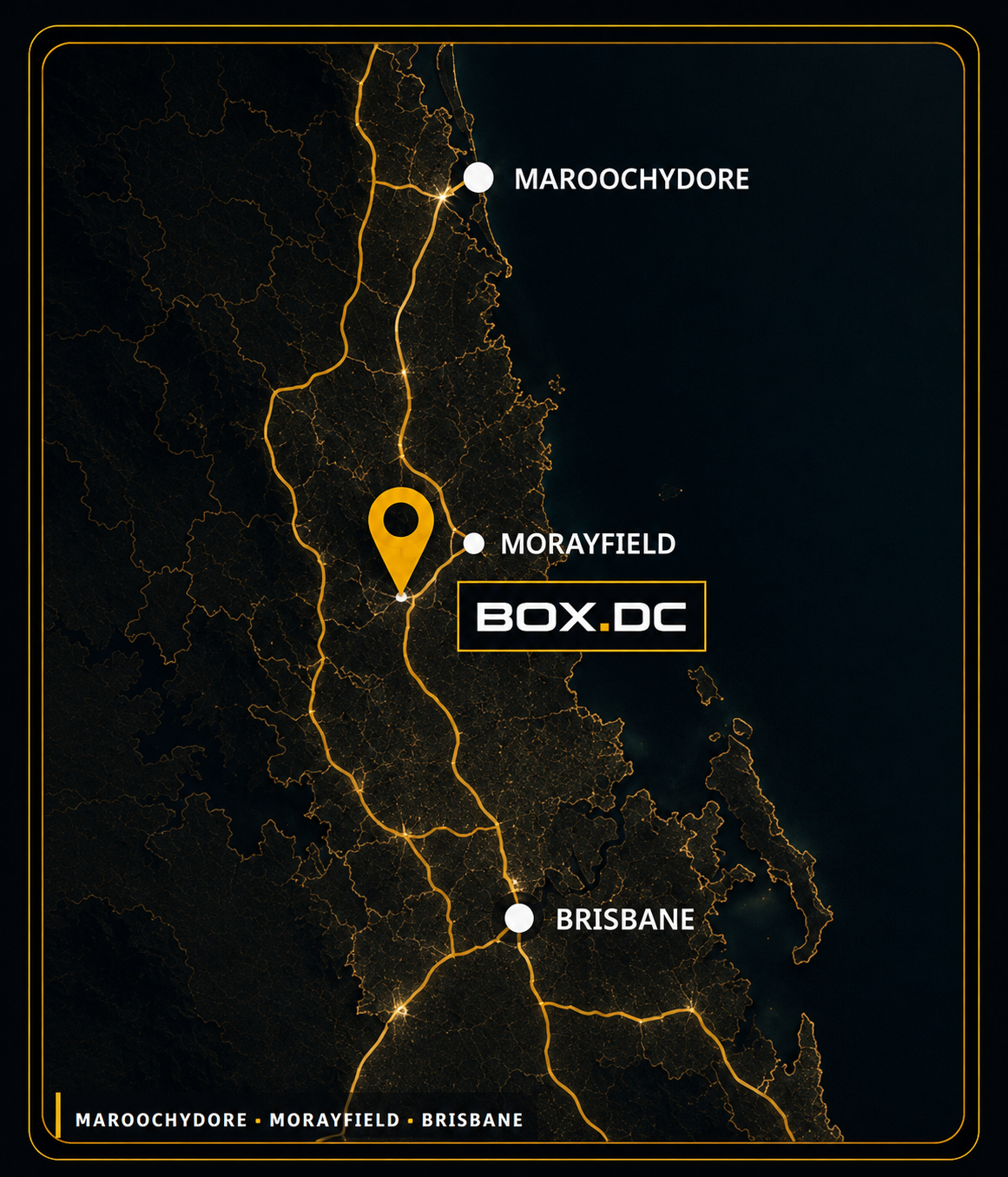Map showing Maroochydore, Morayfield, BOX.DC and Brisbane